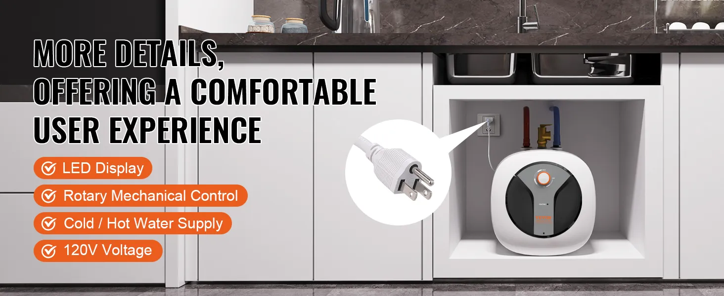 Calentador de agua eléctrico mini-tanque VEVOR debajo del fregadero con pantalla LED, control y suministro de agua fría/caliente.
