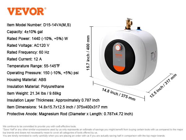 Calentador de agua mini-tanque eléctrico VEVOR, dimensiones 14,8x15,7x12,5 pulgadas, capacidad 4 galones.