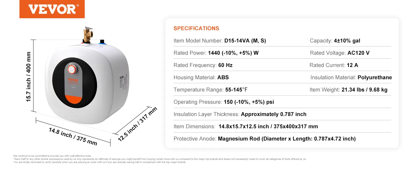 Calentador de agua mini-tanque eléctrico VEVOR, dimensiones 14,8x15,7x12,5 pulgadas, capacidad 4 galones.