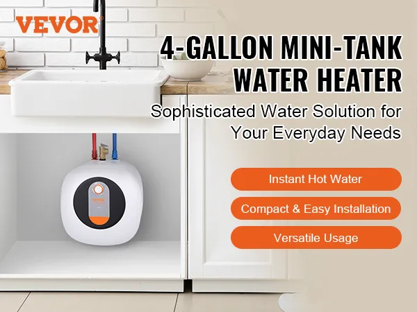 Calentador de agua eléctrico mini-tanque VEVOR debajo del fregadero de la cocina con una persona parada al lado de la encimera.