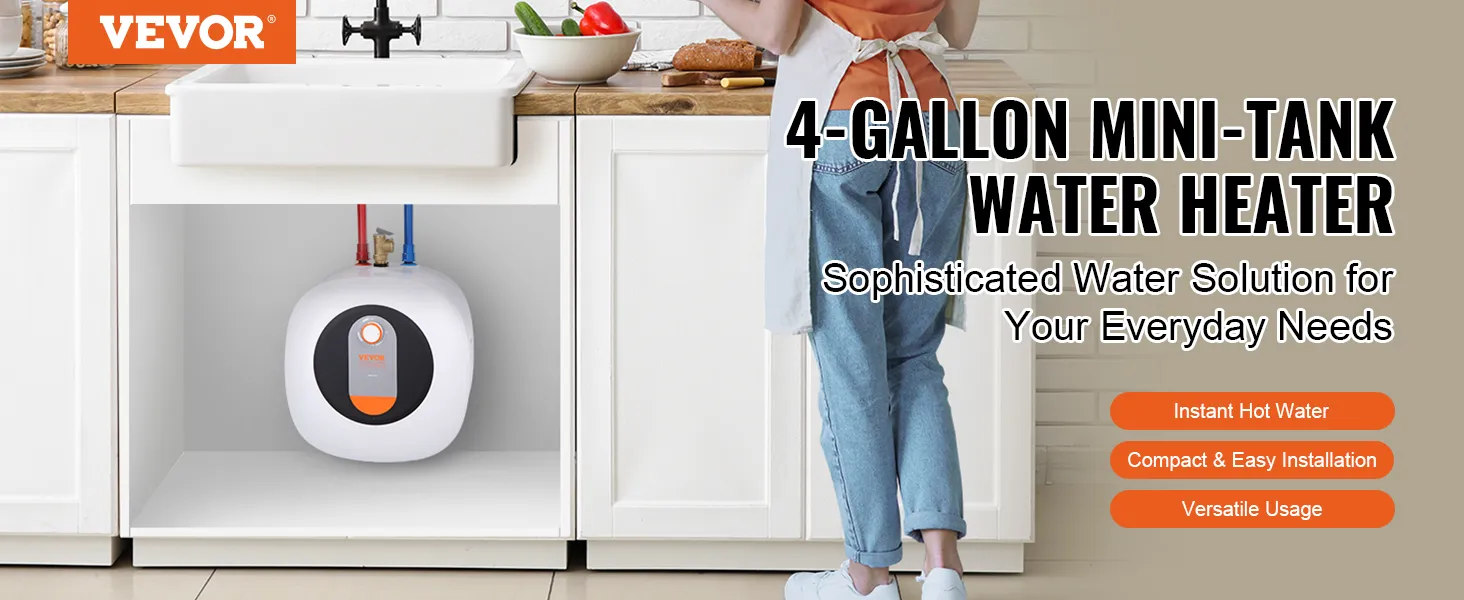 Calentador de agua eléctrico mini-tanque VEVOR debajo del fregadero de la cocina con una persona parada al lado de la encimera.