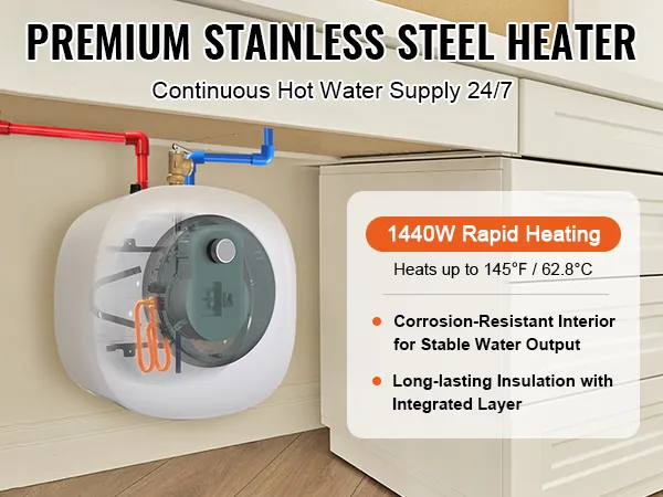 Calentador de agua eléctrico mini-tanque VEVOR conectado debajo de un fregadero con conexiones de tubería roja y azul.