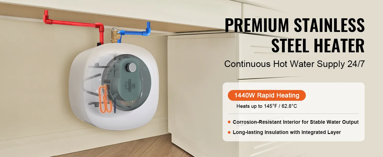 Calentador de agua eléctrico mini-tanque VEVOR conectado debajo de un fregadero con conexiones de tubería roja y azul.