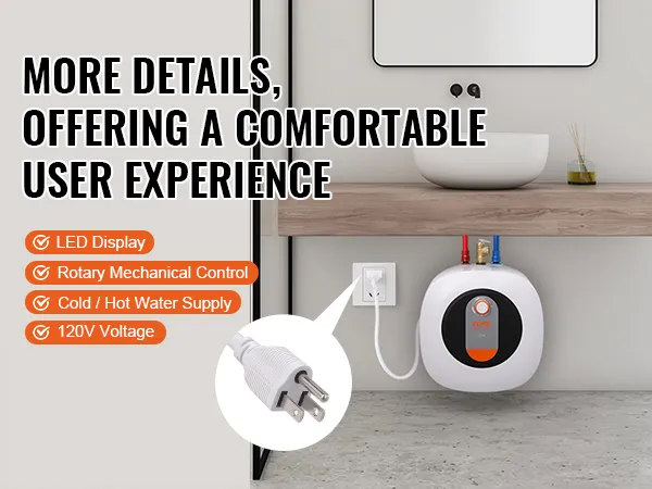Calentador de agua eléctrico mini-tanque VEVOR con pantalla LED y control giratorio para suministro de agua fría/caliente.