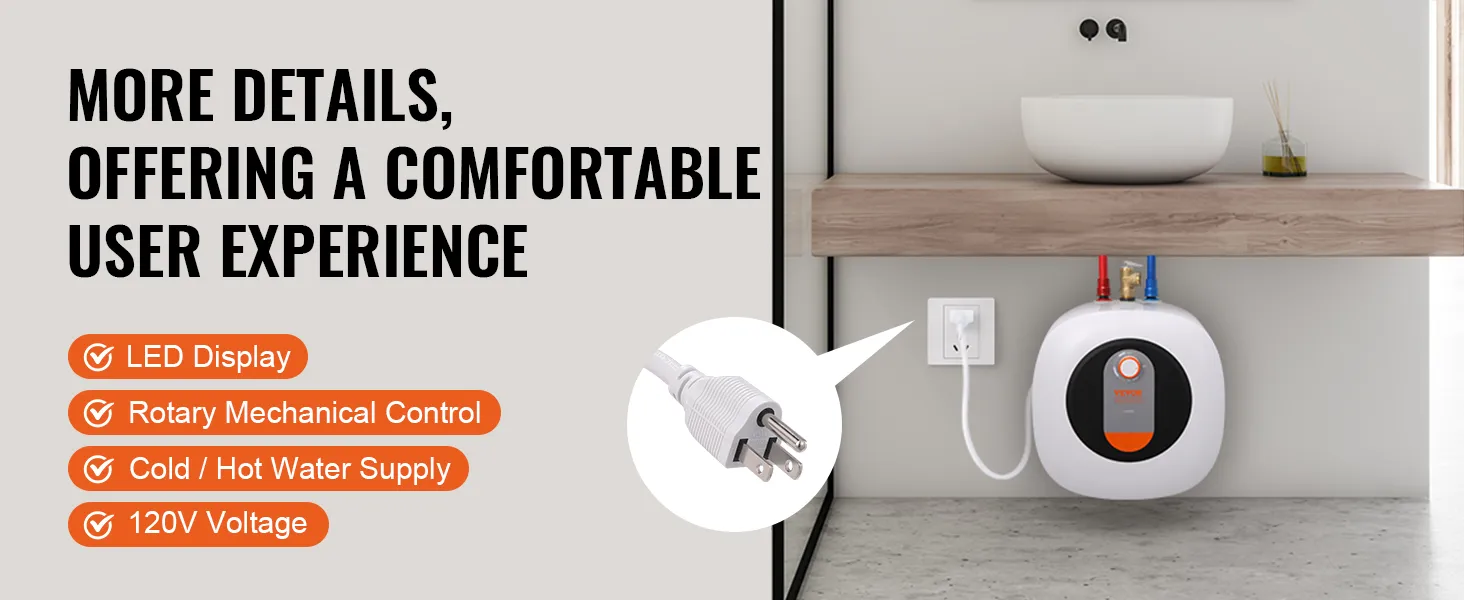 Calentador de agua eléctrico mini-tanque VEVOR con pantalla LED y control giratorio para suministro de agua fría/caliente.