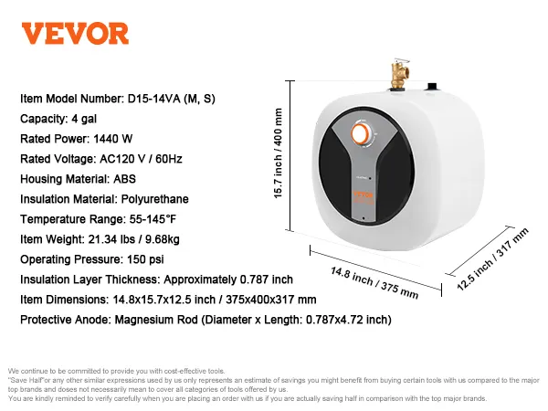 Calentador de agua eléctrico mini-tanque VEVOR, 4 galones, 1440 W, dimensiones 14,8 x 15,7 x 12,5 pulgadas, CA 120 V/60 Hz.