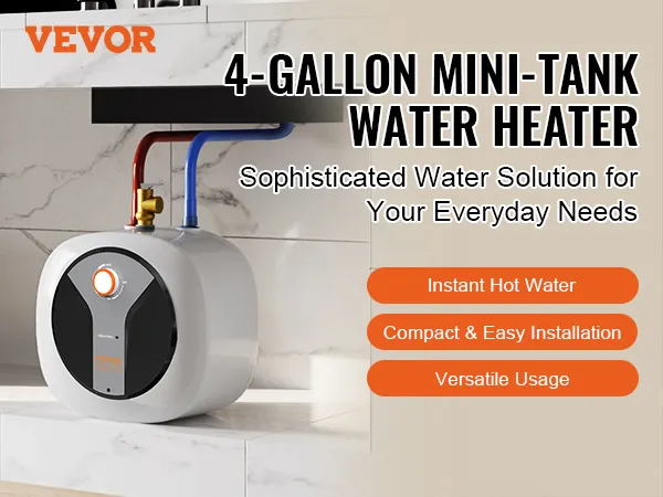 El calentador de agua eléctrico mini-tanque VEVOR ofrece capacidad de 4 galones, agua caliente instantánea y fácil instalación.