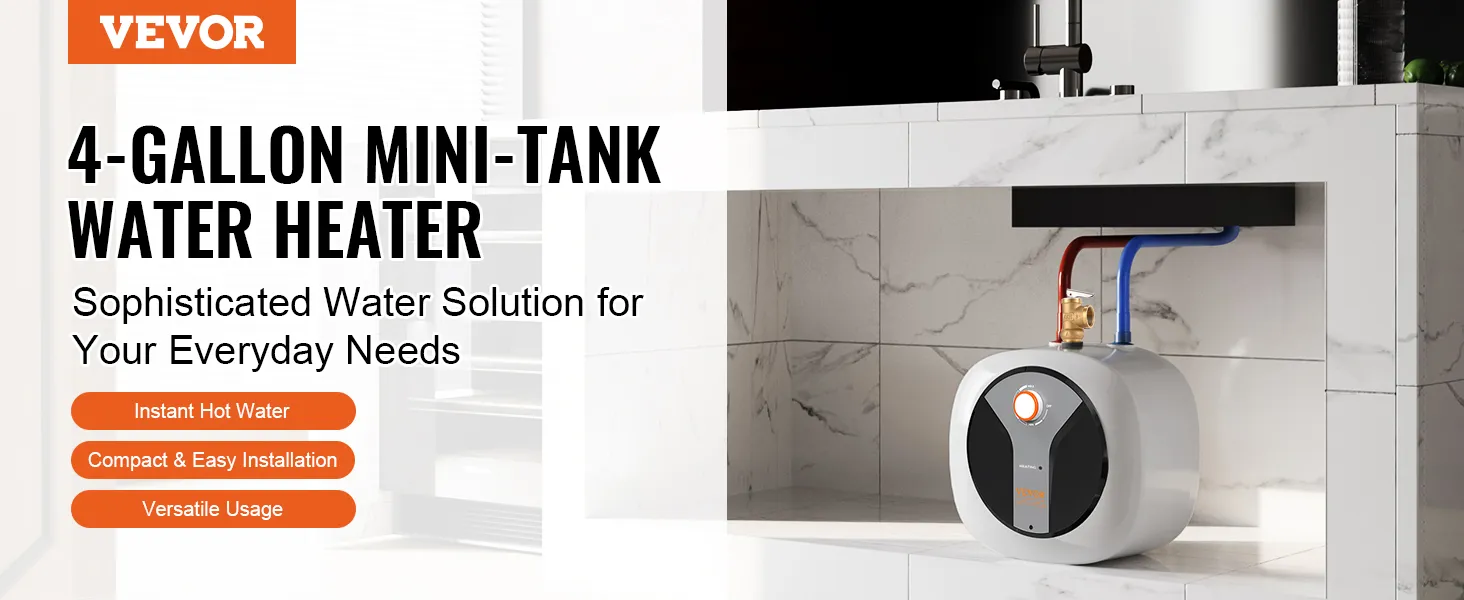 El calentador de agua eléctrico mini-tanque VEVOR ofrece capacidad de 4 galones, agua caliente instantánea y fácil instalación.