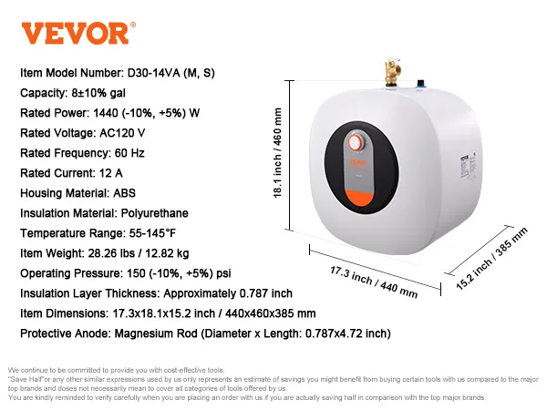 Calentador de agua eléctrico VEVOR con capacidad de 8 ± 10 % galones, carcasa de ABS y rango de temperatura de 55 a 145 °F.