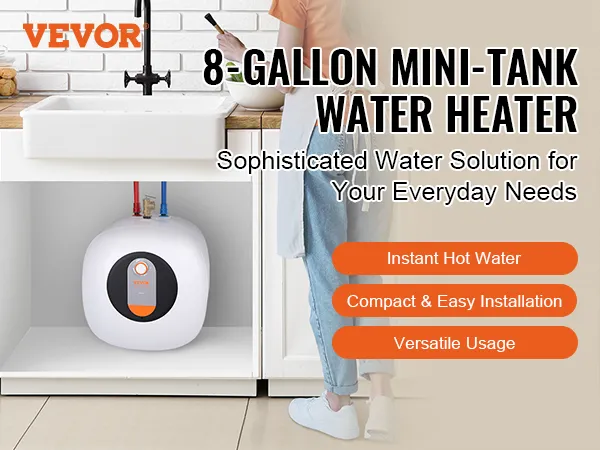 Calentador de agua eléctrico VEVOR, minitanque de 8 galones debajo del fregadero, agua caliente instantánea, instalación compacta.