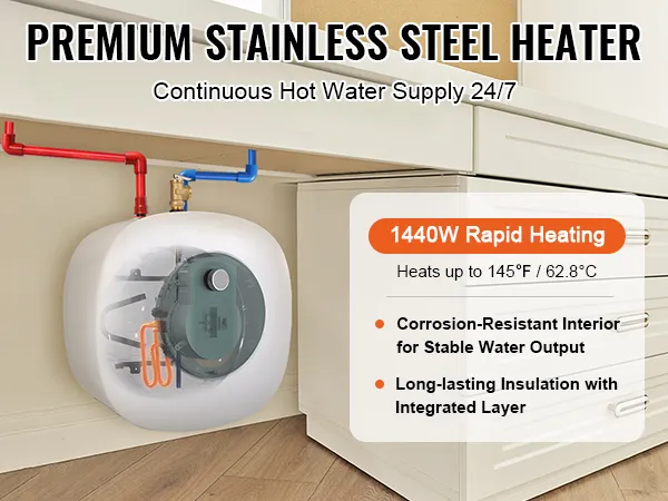 Calentador de agua eléctrico VEVOR con calentamiento rápido de 1440w, interior resistente a la corrosión y aislamiento de larga duración.