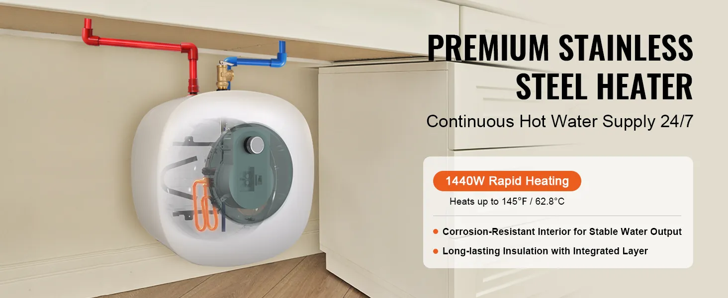 Calentador de agua eléctrico VEVOR con calentamiento rápido de 1440w, interior resistente a la corrosión y aislamiento de larga duración.