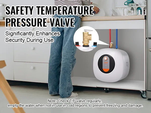 Calentador de agua eléctrico VEVOR con válvula de presión de temperatura de seguridad instalado debajo del mostrador de la cocina.