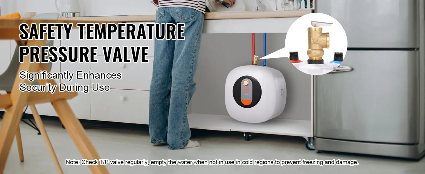 Calentador de agua eléctrico VEVOR con válvula de presión de temperatura de seguridad instalado debajo del mostrador de la cocina.