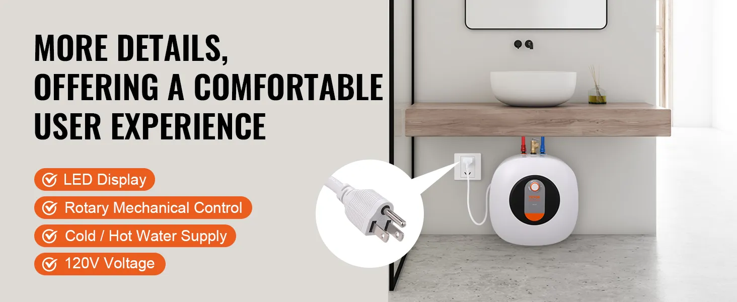 Calentador de agua eléctrico VEVOR con pantalla led, control rotatorio, suministro de agua fría/caliente y voltaje de 120v.