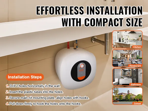 Guía de instalación de calentador de agua eléctrico VEVOR con tamaño compacto para cocina, baño, restaurante, escuela.