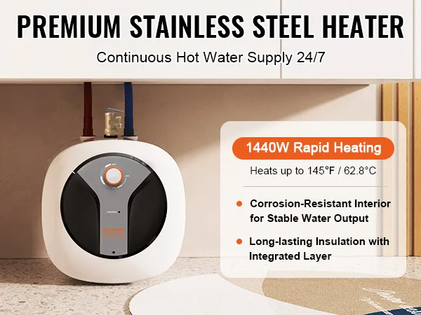 Calentador de agua eléctrico mini-tanque VEVOR debajo del fregadero con controles digitales y acabado en acero inoxidable.