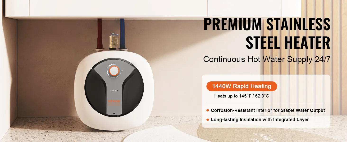 Calentador de agua eléctrico mini-tanque VEVOR debajo del fregadero con controles digitales y acabado en acero inoxidable.