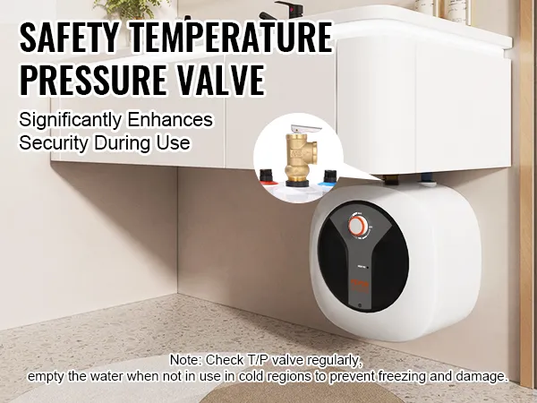 Calentador de agua eléctrico mini-tanque VEVOR con válvula de presión de temperatura de seguridad para un funcionamiento seguro.