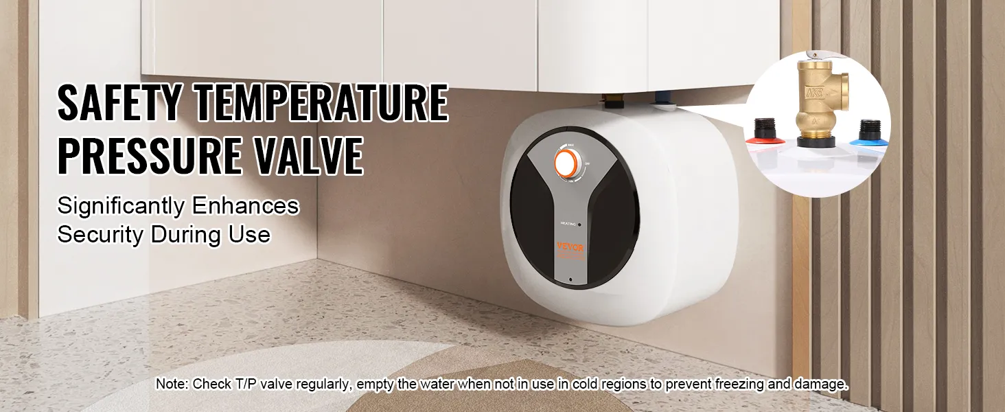 Calentador de agua eléctrico mini-tanque VEVOR con válvula de presión de temperatura de seguridad para un funcionamiento seguro.