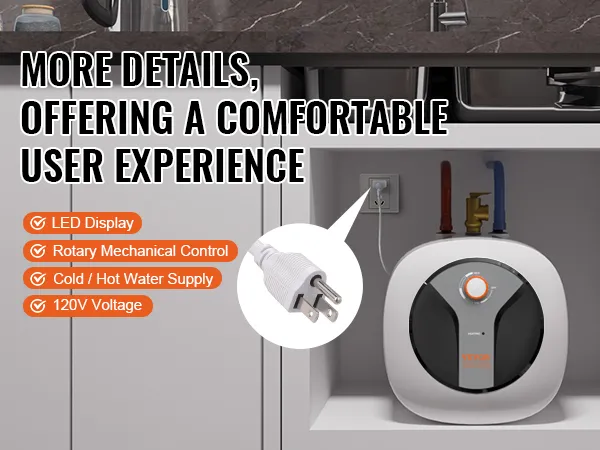 Calentador de agua eléctrico mini-tanque VEVOR debajo del fregadero de la cocina con pantalla LED, control giratorio, enchufe de 120v.