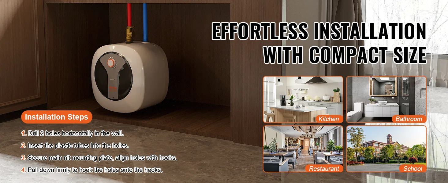 Instalación sin esfuerzo del calentador de agua eléctrico mini-tanque VEVOR; adecuado para cocina, baño y más.