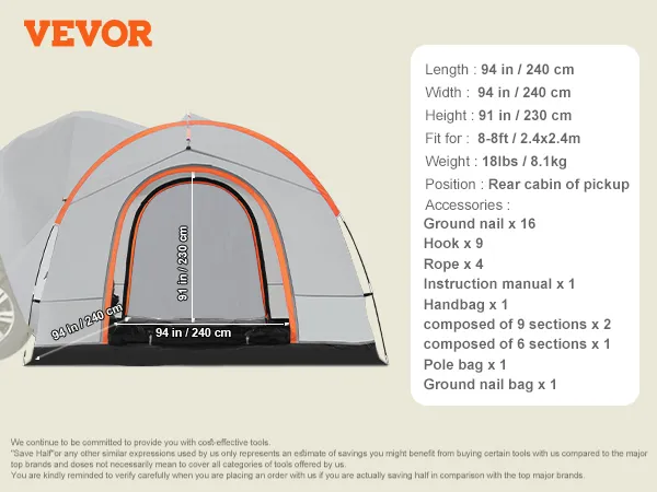 VEVOR suv camping tent setup showing dimensions and accessories list in front of an suv.