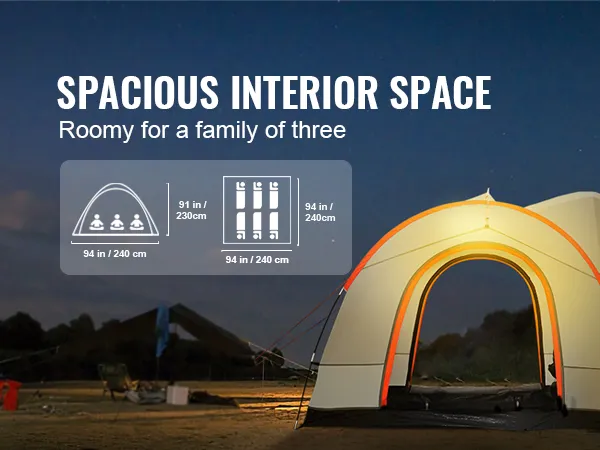 spacious VEVOR suv camping tent connected to a black suv, roomy for a family of three, at night.