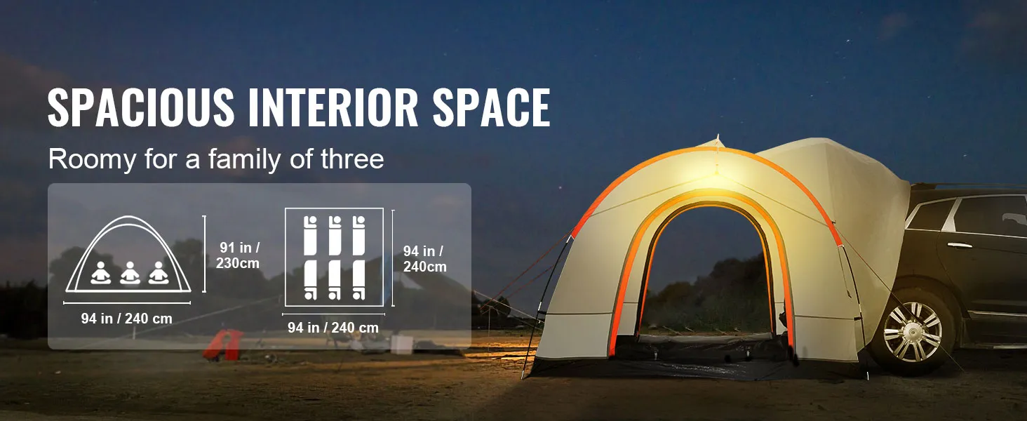 spacious VEVOR suv camping tent connected to a black suv, roomy for a family of three, at night.