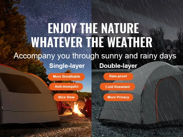 VEVOR suv camping tent for sunny and rainy days with single-layer and double-layer options.