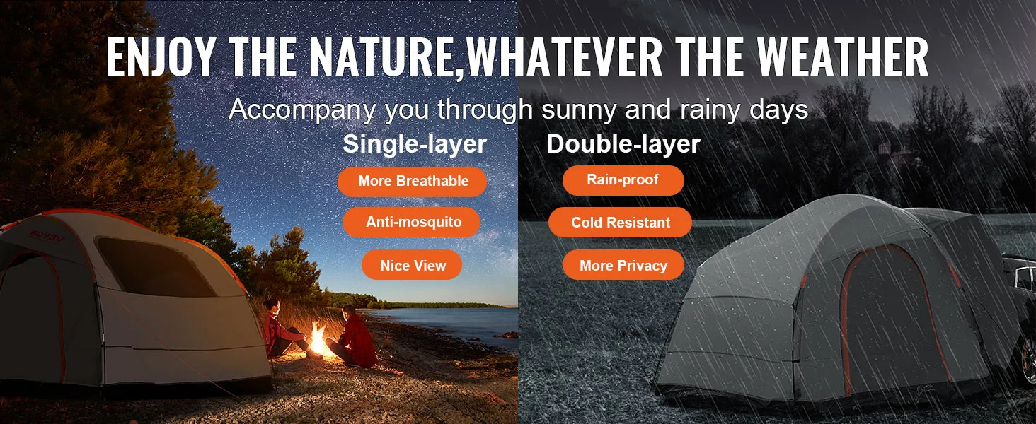VEVOR suv camping tent for sunny and rainy days with single-layer and double-layer options.