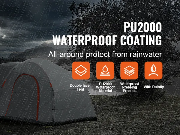VEVOR suv camping tent with pu2000 waterproof coating in rainy forest setting by a lake.