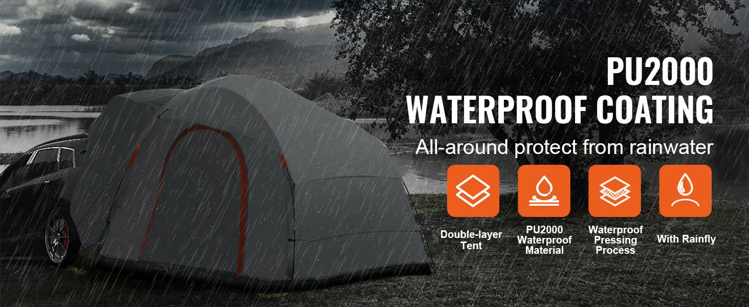 VEVOR suv camping tent with pu2000 waterproof coating in rainy forest setting by a lake.