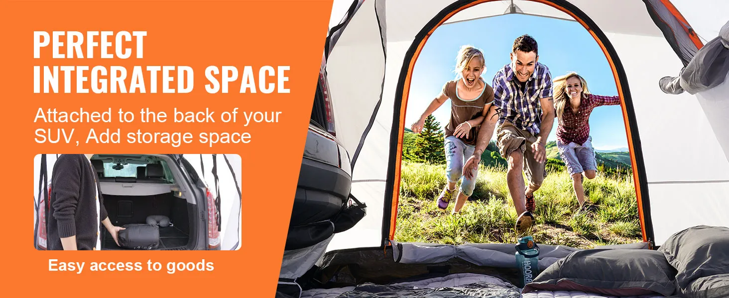 VEVOR suv camping tent offers integrated space with easy access to goods, perfect for outdoor family adventures.