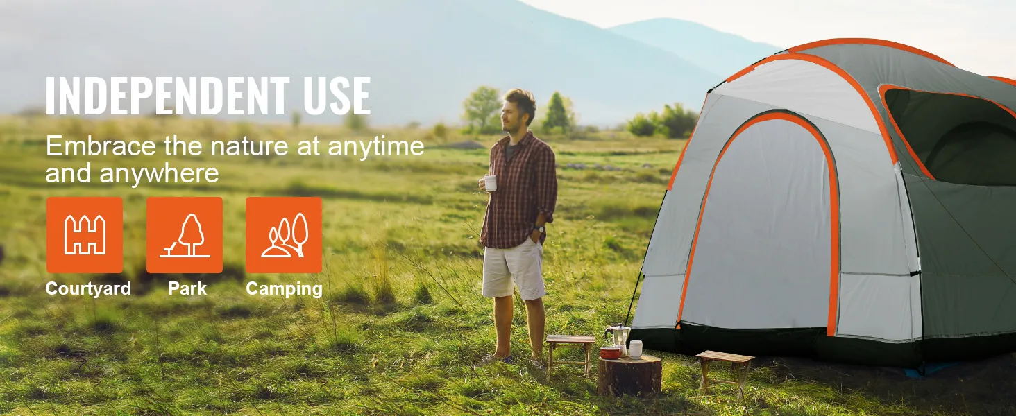 VEVOR suv camping tent set up in a sunny field with a person enjoying nature, ideal for camping trips.