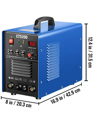niebieska spawarka plazmowa VEVOR ct520d o wymiarach 16,9x12,4x8 cali.