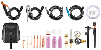 Akcesoria i narzędzia do spawania plazmowego VEVOR, w tym kable i złącza.