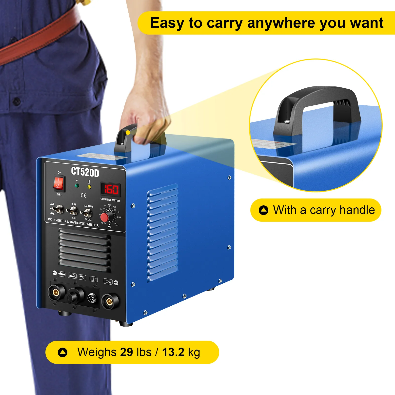 Spawarka plazmowa VEVOR z uchwytem transportowym, waga 29 funtów / 13,2 kg.