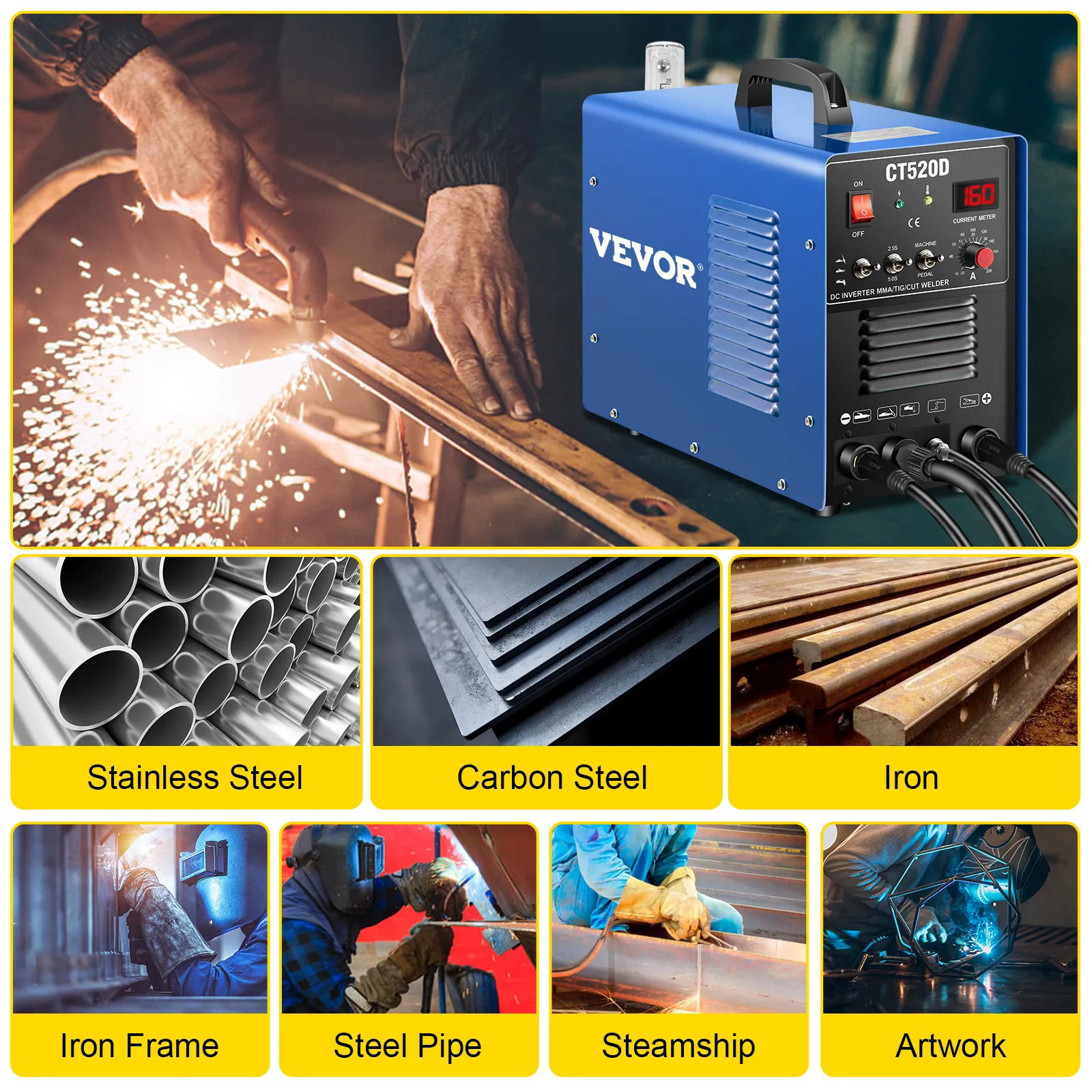 Spawarka plazmowa VEVOR z modelem ct520d przeznaczona do obróbki stali i spawania.