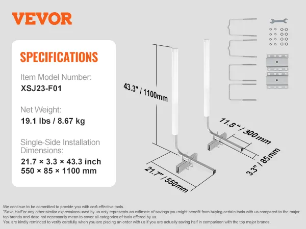 VEVOR boat trailer guide, model xsj23-f01, dimensions in inches and mm, weight, and assembly parts.