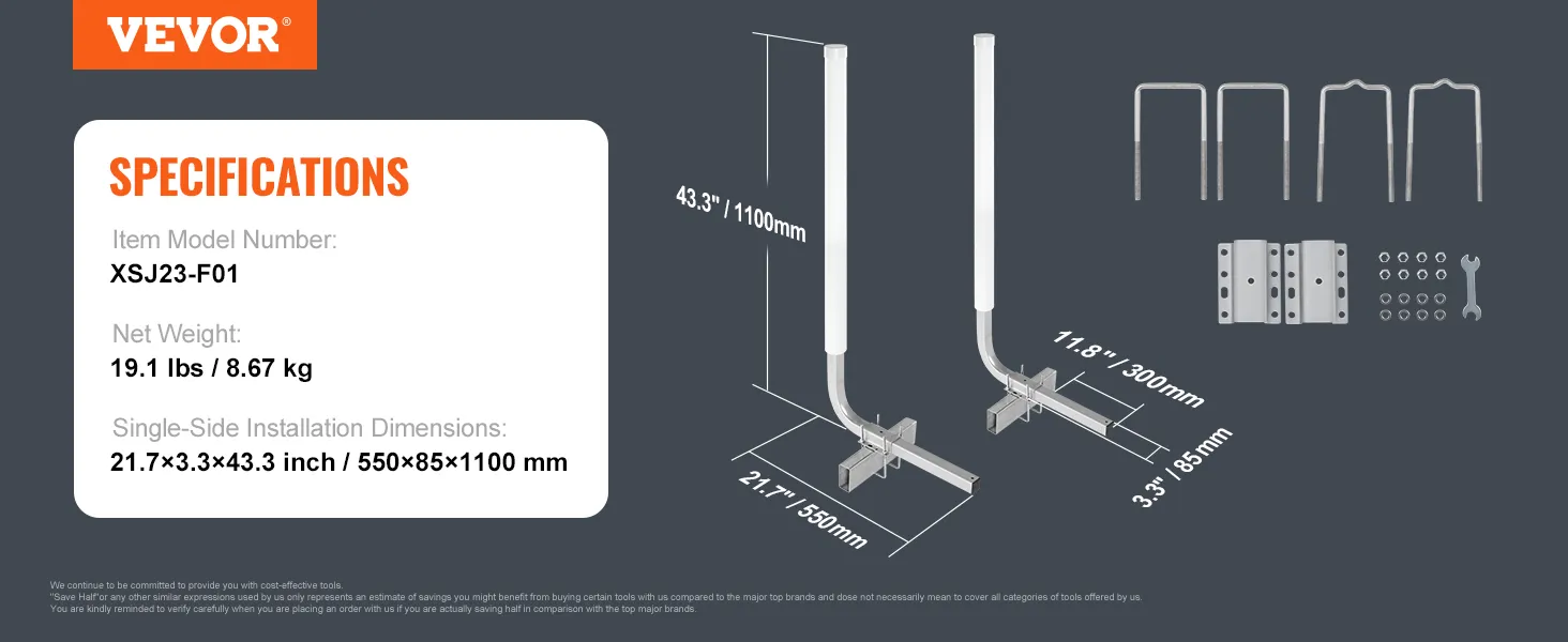 VEVOR boat trailer guide, model xsj23-f01, dimensions in inches and mm, weight, and assembly parts.