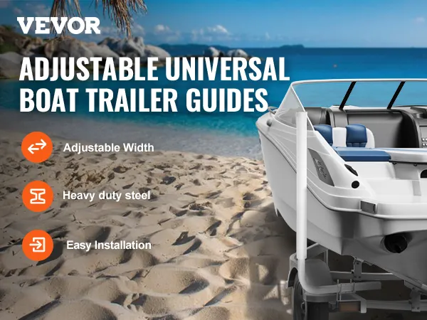 VEVOR boat trailer guide - adjustable width, heavy-duty steel, and easy installation on a sandy beach.