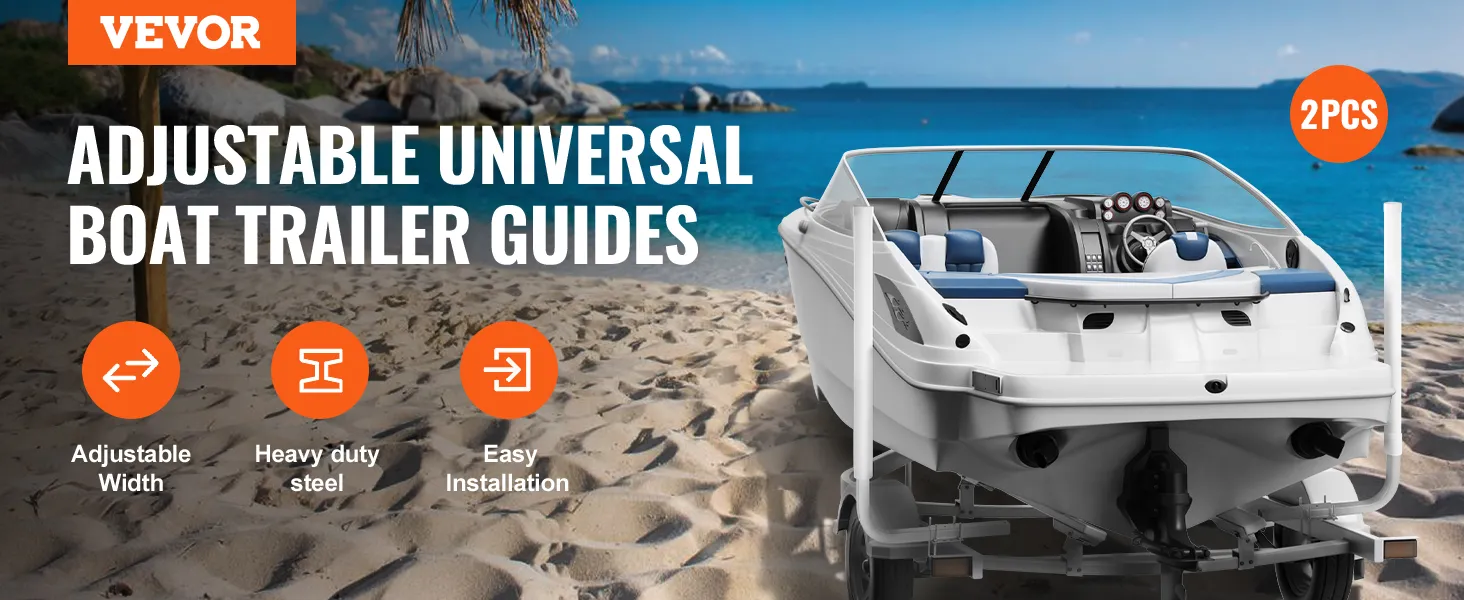 VEVOR boat trailer guide - adjustable width, heavy-duty steel, and easy installation on a sandy beach.
