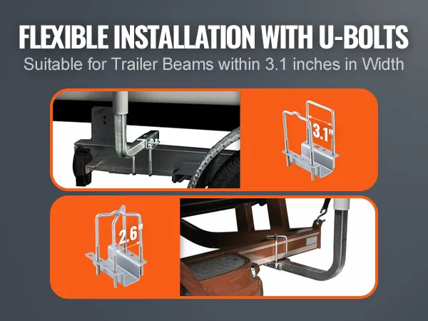 VEVOR boat trailer guide with flexible installation using u-bolts, fits trailer beams up to 3.1 inches.