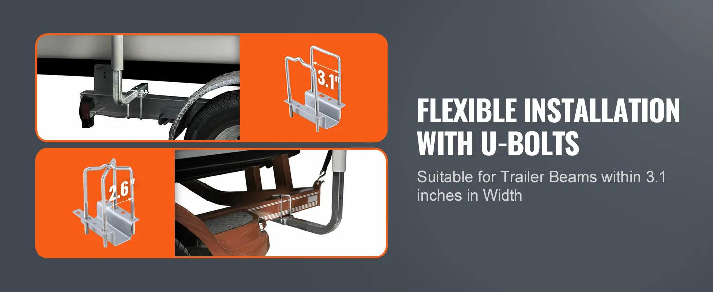 VEVOR boat trailer guide with flexible installation using u-bolts, fits trailer beams up to 3.1 inches.
