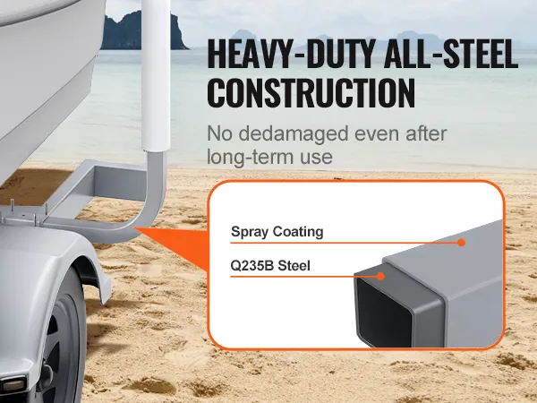 heavy-duty steel VEVOR boat trailer guide on a sandy beach, featuring spray coating and q235b steel.