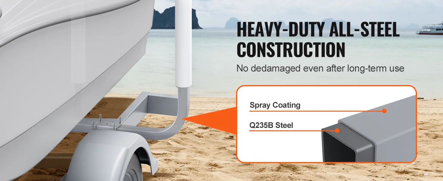 heavy-duty steel VEVOR boat trailer guide on a sandy beach, featuring spray coating and q235b steel.