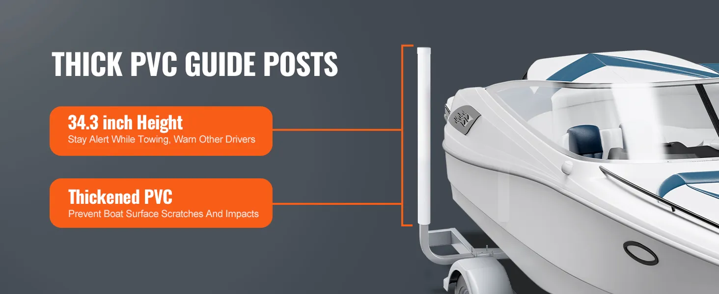 thick pvc guide posts for VEVOR boat trailer guide, 34.3-inch height for alertness, and thickened pvc for impact prevention.