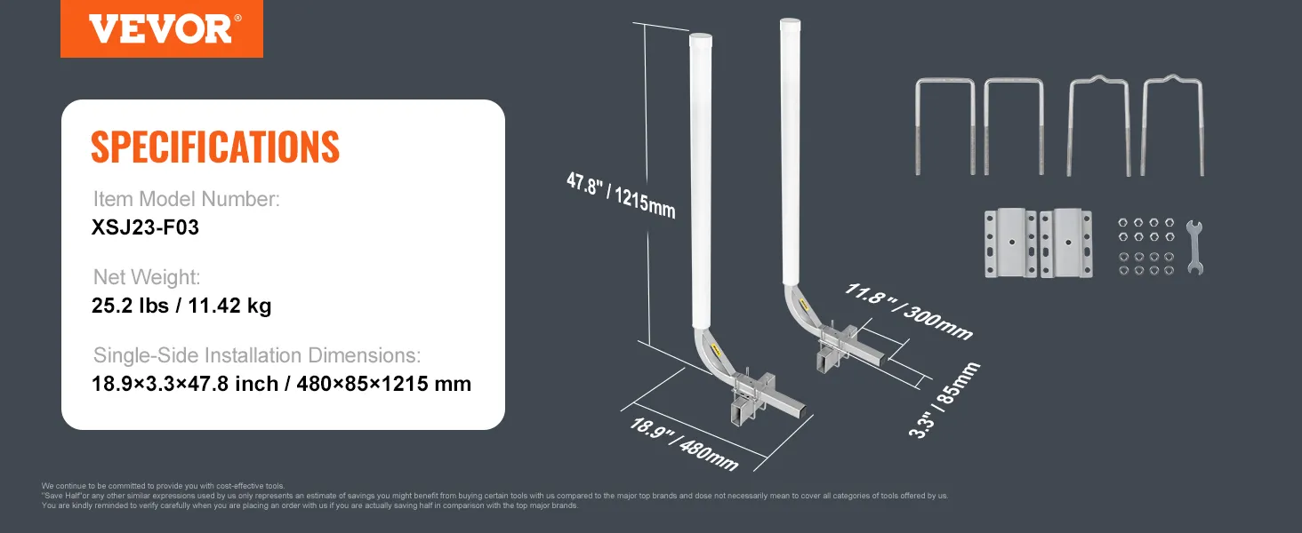 Technische Daten des VEVOR-Bootsanhängers, Einzelheiten umfassen Modell xsj23-f03, 25,2 lb (11,4 kg) Gewicht, 1215 mm Höhe.