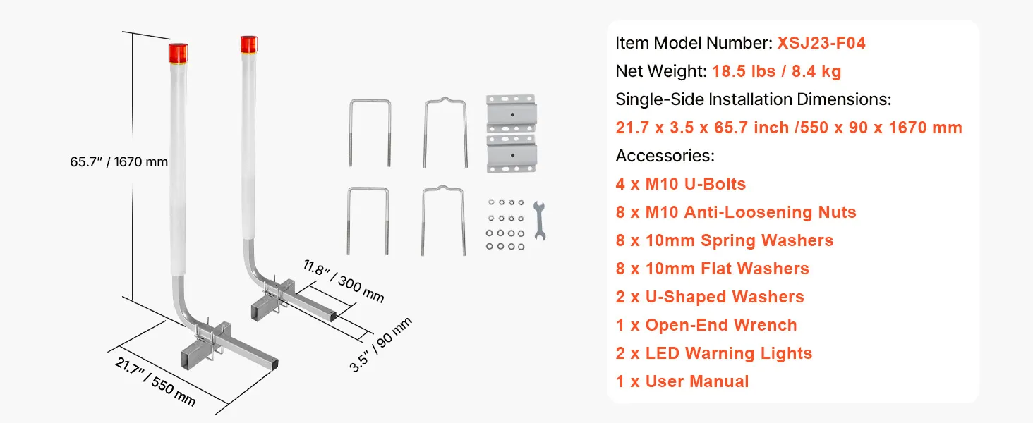 VEVOR marine trailer guide set xsj23-f04 with measurements and components laid out. net weight 21.6 lbs.